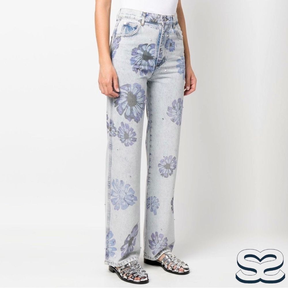 Sandro **NWT** Blossom Floral Print Rhinestone Straight Jeans in Blue Je… - Picture 8 of 15